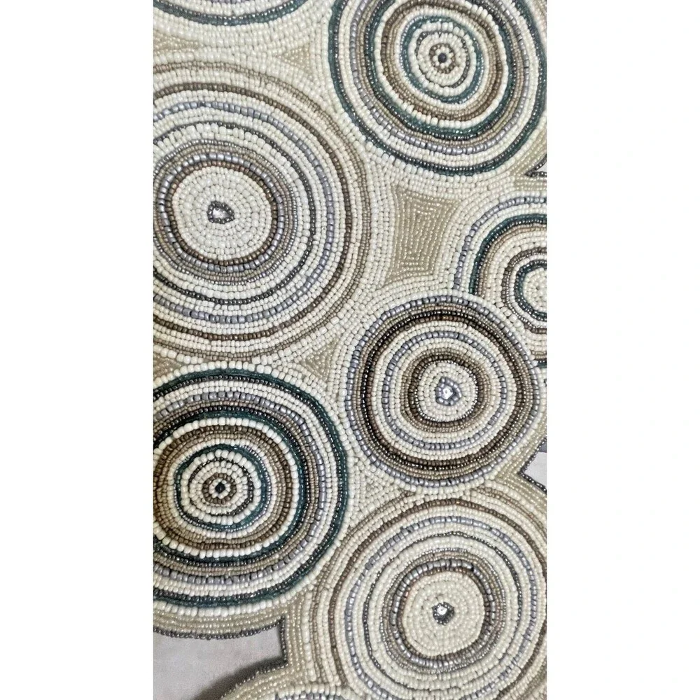 Pier 1 One Beaded Table Runner Round Concentric Medallion Boho Circles Tan Gray